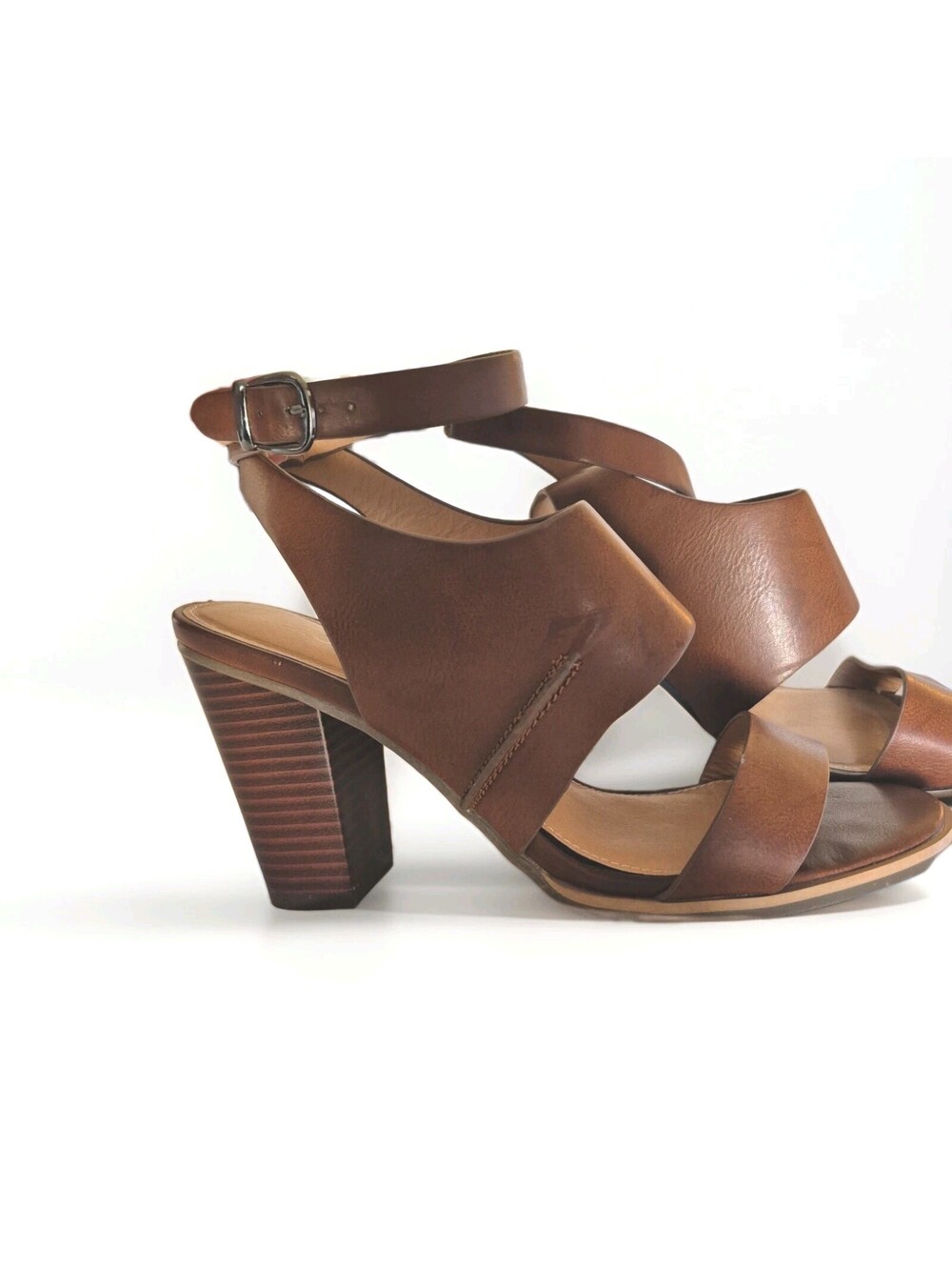 CATO Women's 9M Brown Faux Leather Ankle Strappy 3" Wood Heel Sandals Shoes
